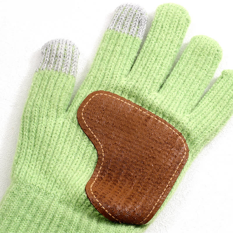 Warm Anti-Slip Leather Palm Patch Knitted Gloves - Image 3