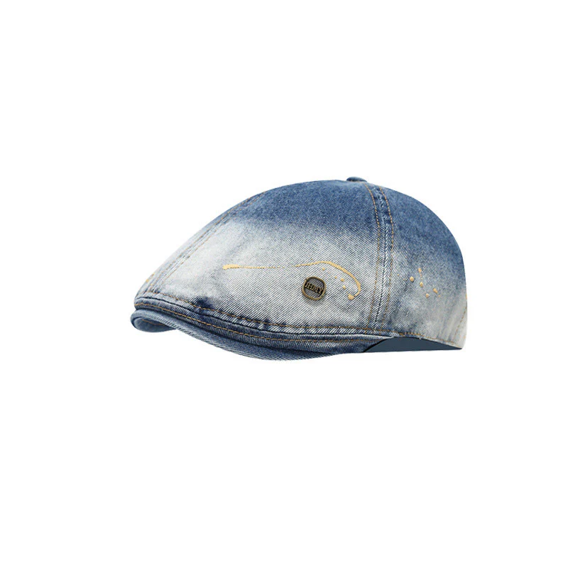 Washed Gradient Distressed Artist Denim Beret Hat
