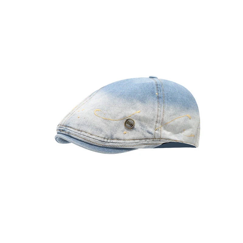 Washed Gradient Distressed Artist Denim Beret Hat - Image 6