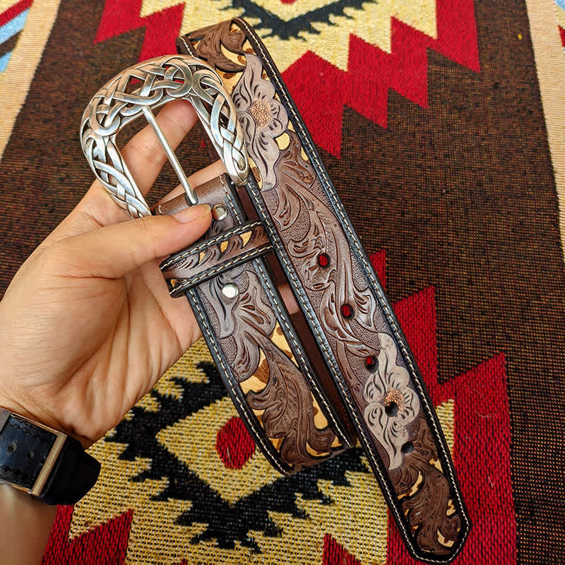 Western Brown & Yellow Carved Flower Buckle Leather Belt - Image 8