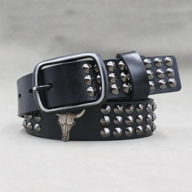 Western Bull Head Rivets Three Rows Studded Leather Belt - Image 4