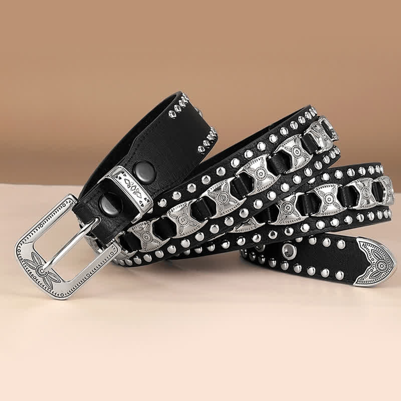 Western Concho Rivet Carved Buckle Leather Belt - Image 2