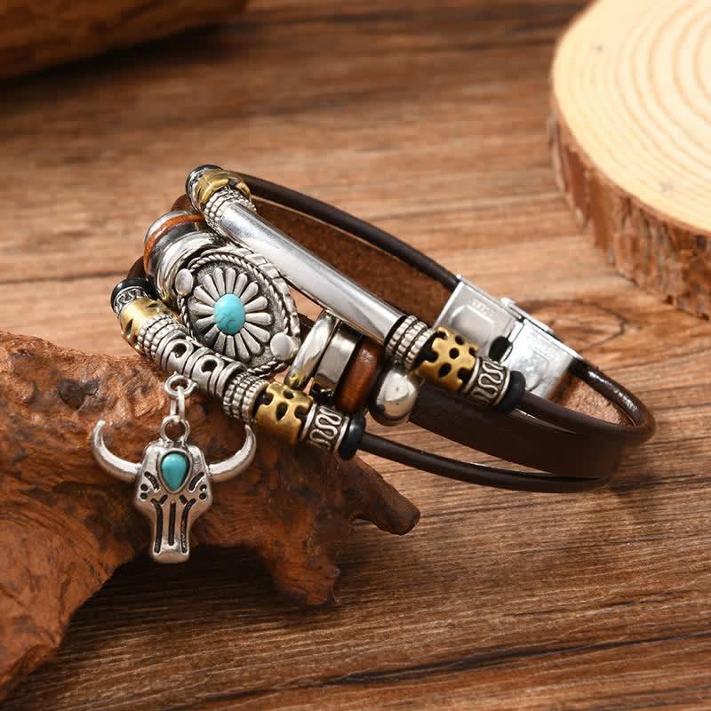 Western Essential Bull Skull Layered Leather Bracelet - Image 4