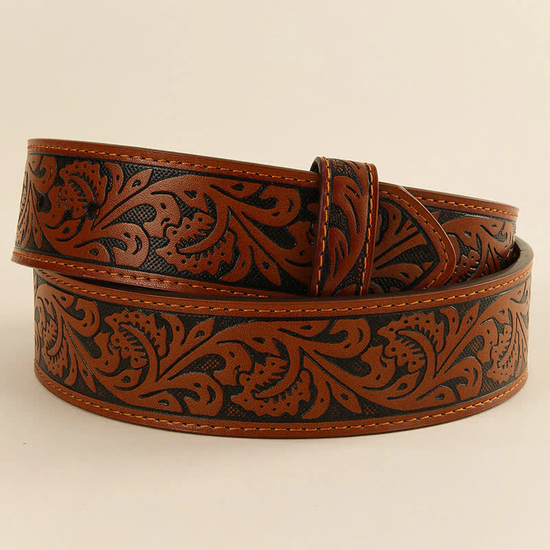 Western Flower Embossed DIY Leather Belt Strap without Belt Buckle - Image 8