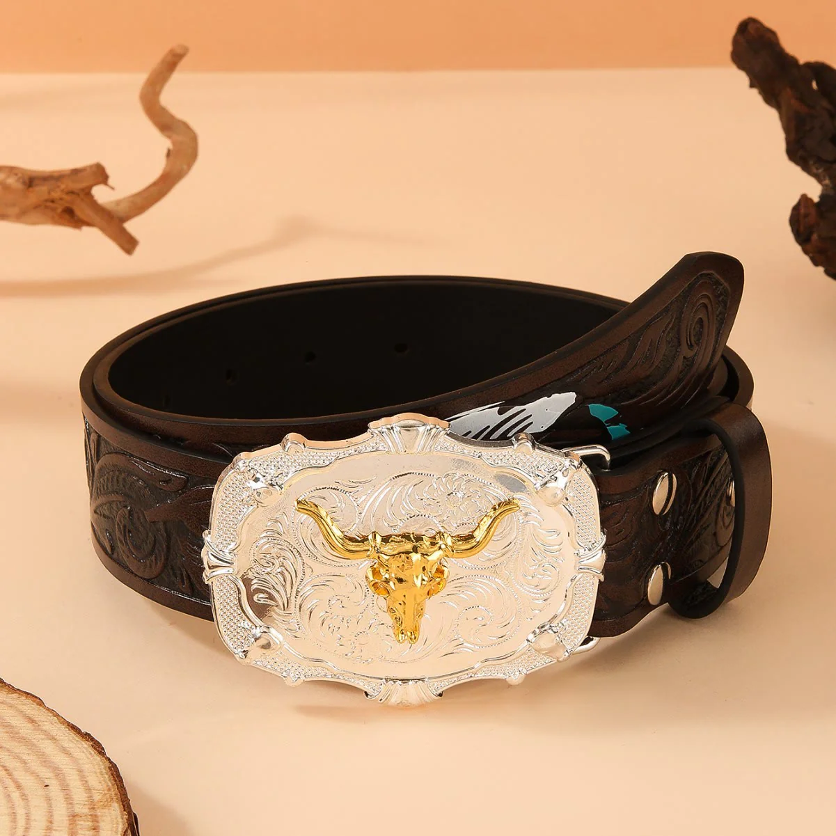 Western Golden Bullhead Buckle Feather Embossed Leather Belt - Image 5