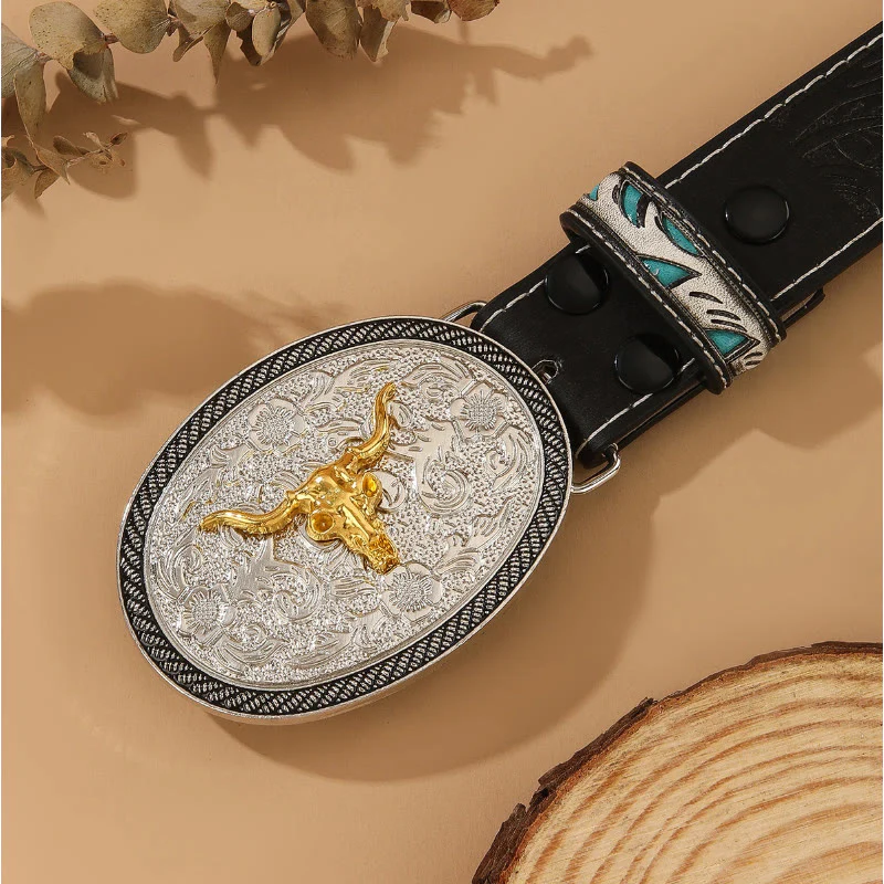 Western Style Golden Bullhead Silver Oval Buckle Embossed Belt - Image 2