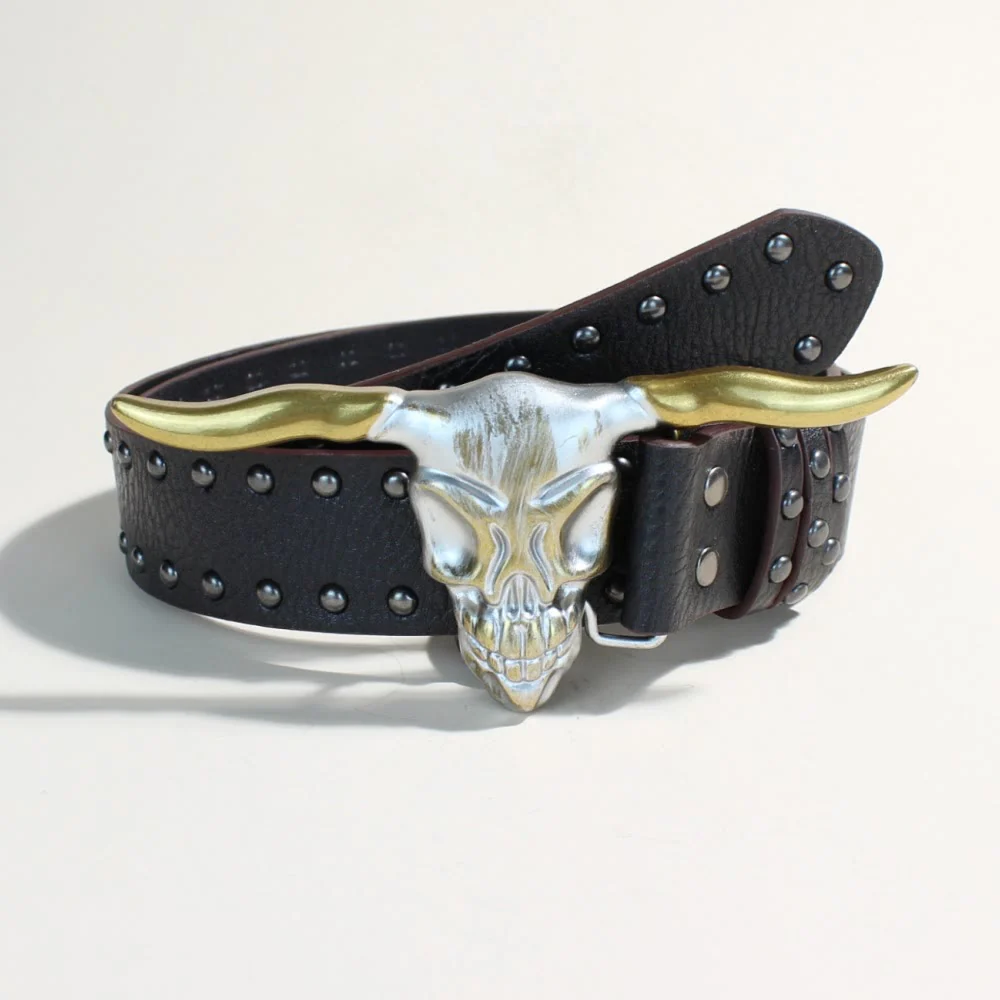 Men's Western Style Golden Longhorn Bull Head Buckle Rivet Belt
