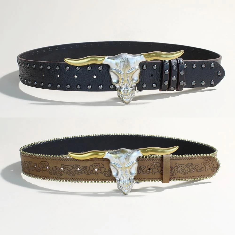Men's Western Style Golden Longhorn Bull Head Buckle Rivet Belt - Image 9
