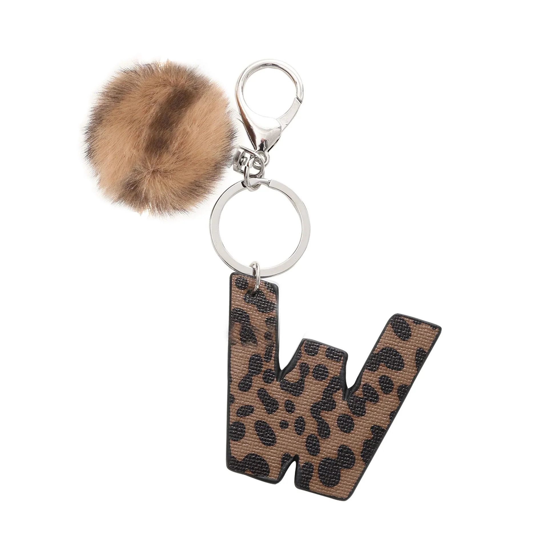 Western Style Leopard Print Letter Leather Keychain With Plush Ball - Image 25