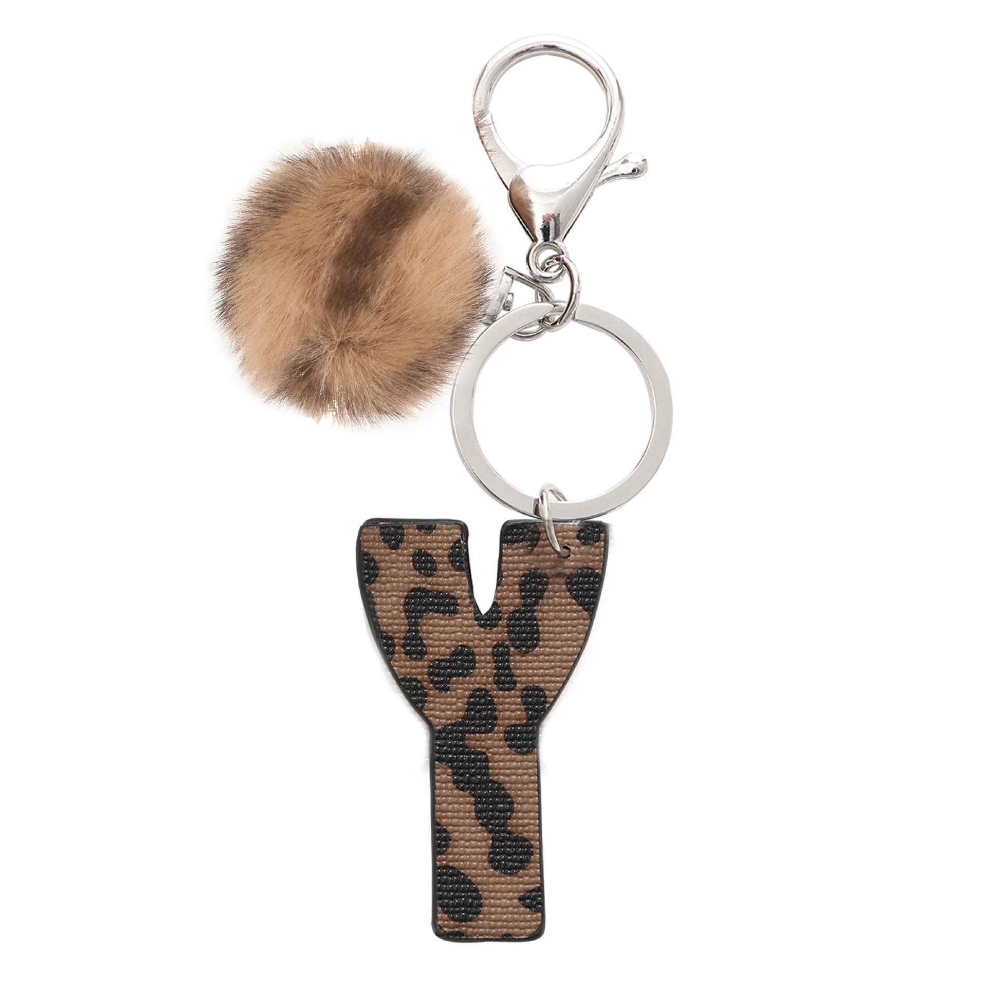 Western Style Leopard Print Letter Leather Keychain With Plush Ball - Image 27