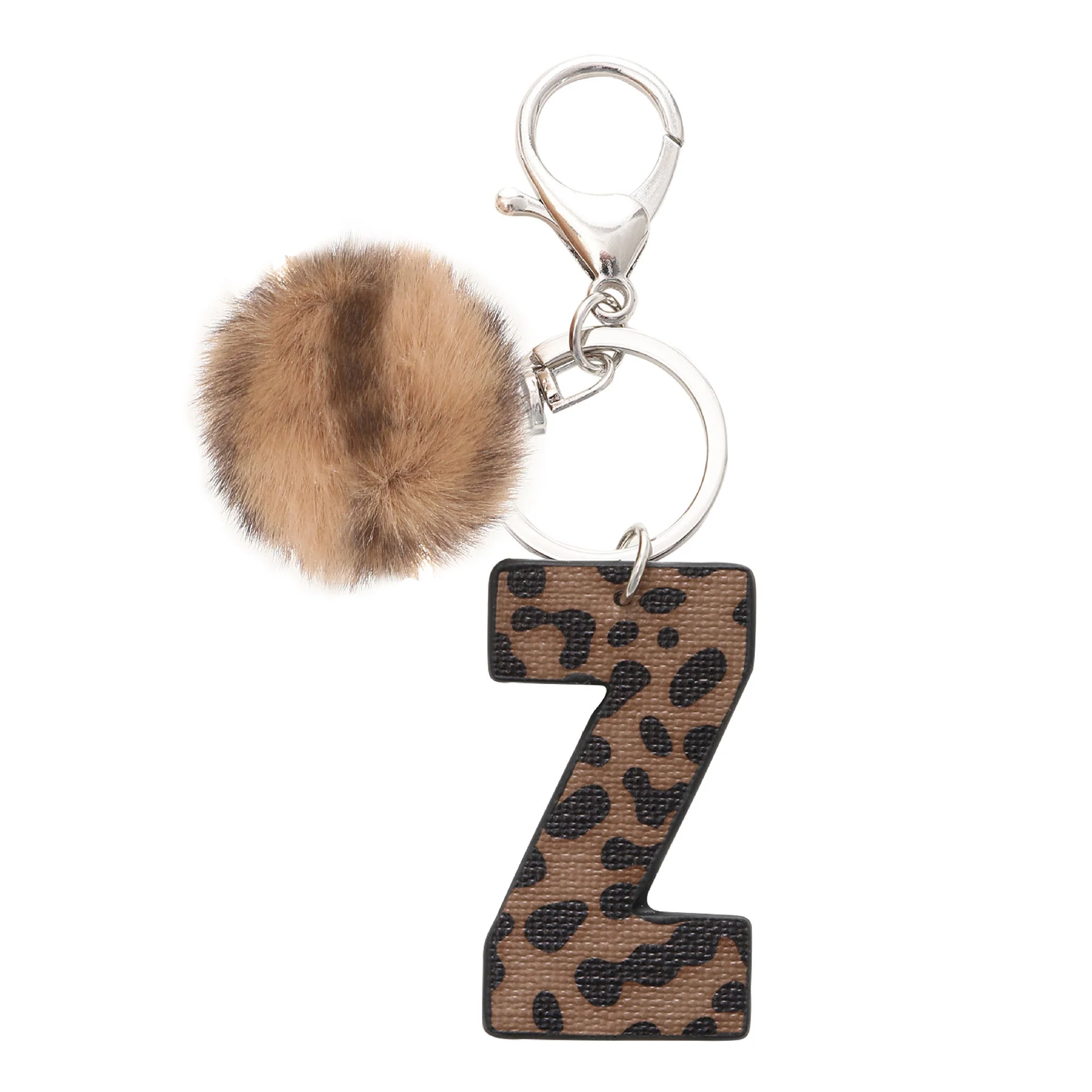Western Style Leopard Print Letter Leather Keychain With Plush Ball - Image 28