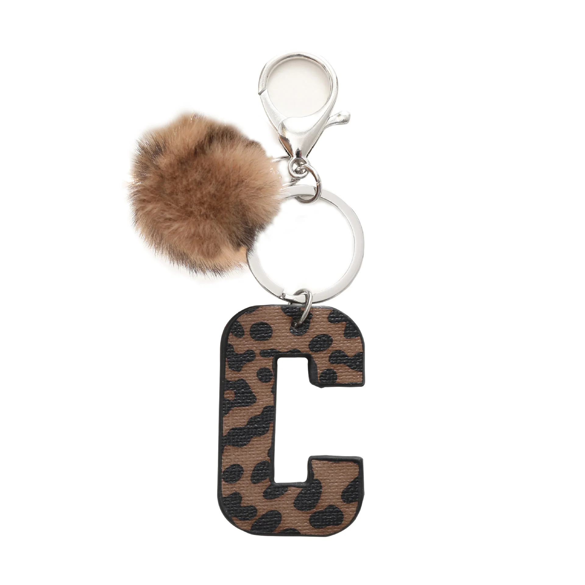 Western Style Leopard Print Letter Leather Keychain With Plush Ball - Image 5