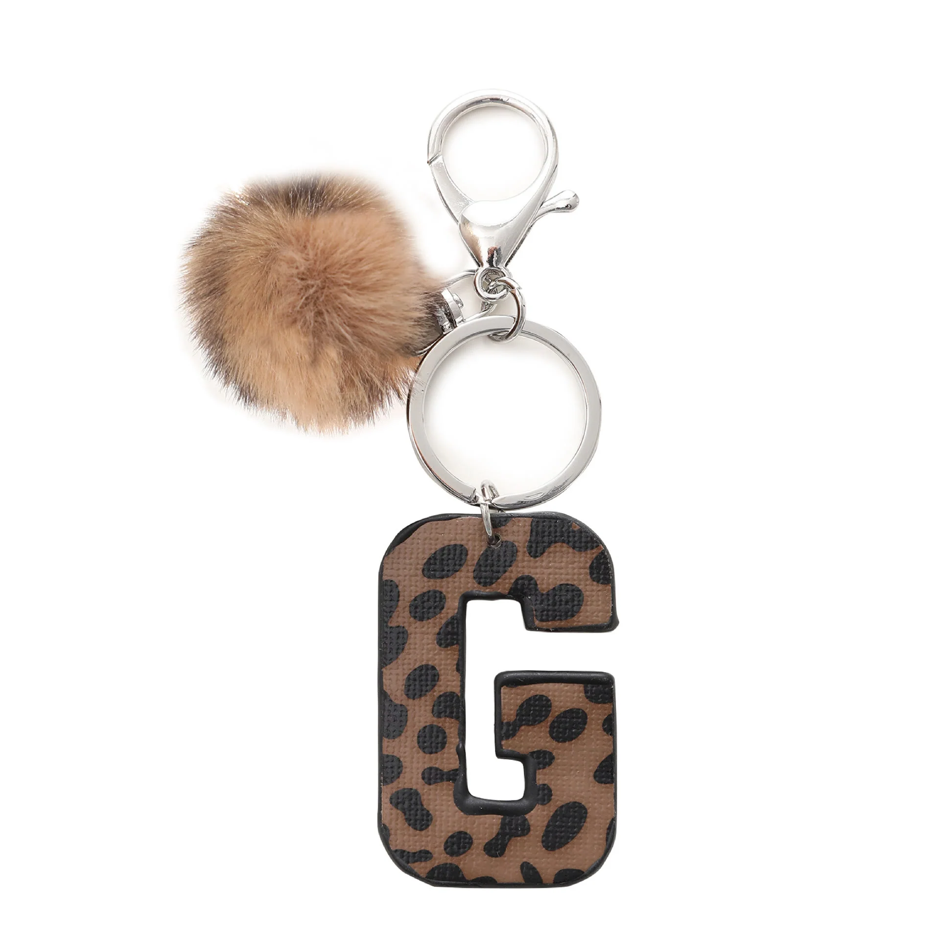Western Style Leopard Print Letter Leather Keychain With Plush Ball - Image 9
