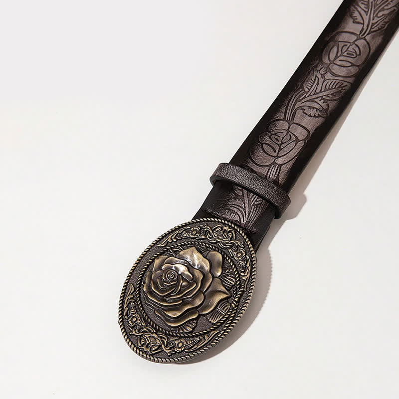Western Style Rose Shaped Buckle Printed Leather Belt - Image 5