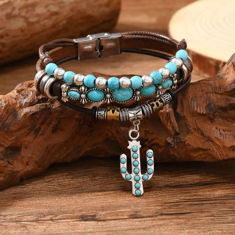 Western Turquoise & Cactus Charm Leather Bracelet - Image 3