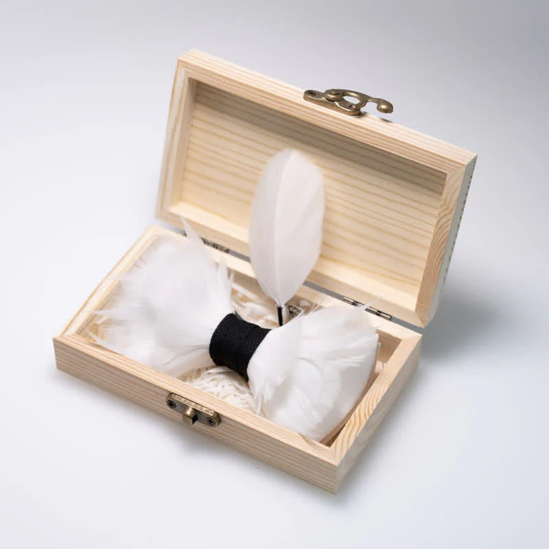White & Black Elegant Feather Bow Tie with Lapel Pin - Image 3