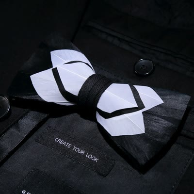 White & Black Understated  Feather Bow Tie with Lapel Pin - Image 2