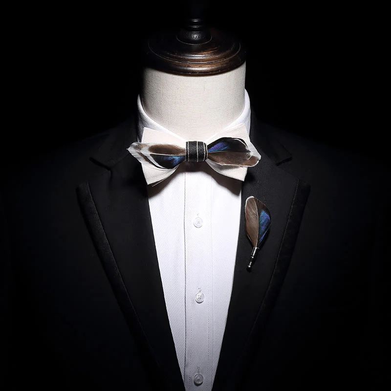 White Mallard Duck Feather Bow Tie with Lapel Pin - Image 3