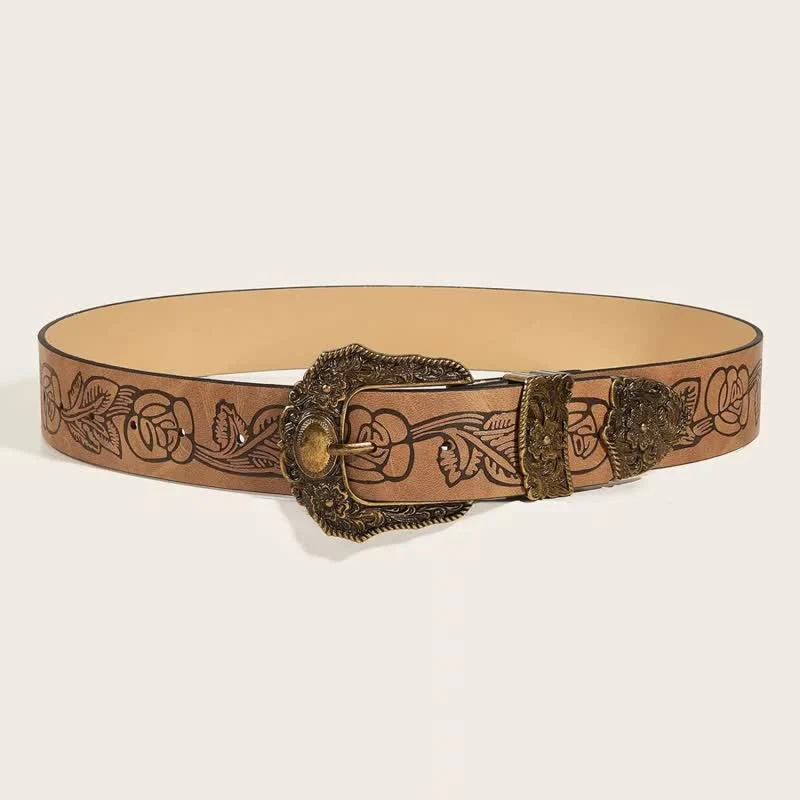 Women's Antique Gold Floral Rose Pattern Leather Belt - Image 2