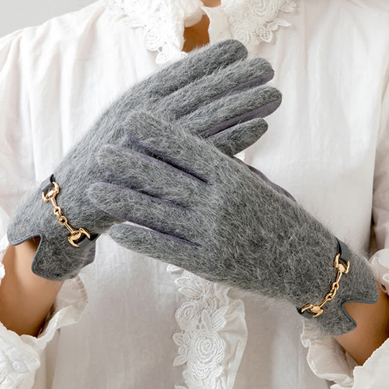 Women's Artificial Rabbit Fur Suede Patchwork Leather Gloves - Image 5