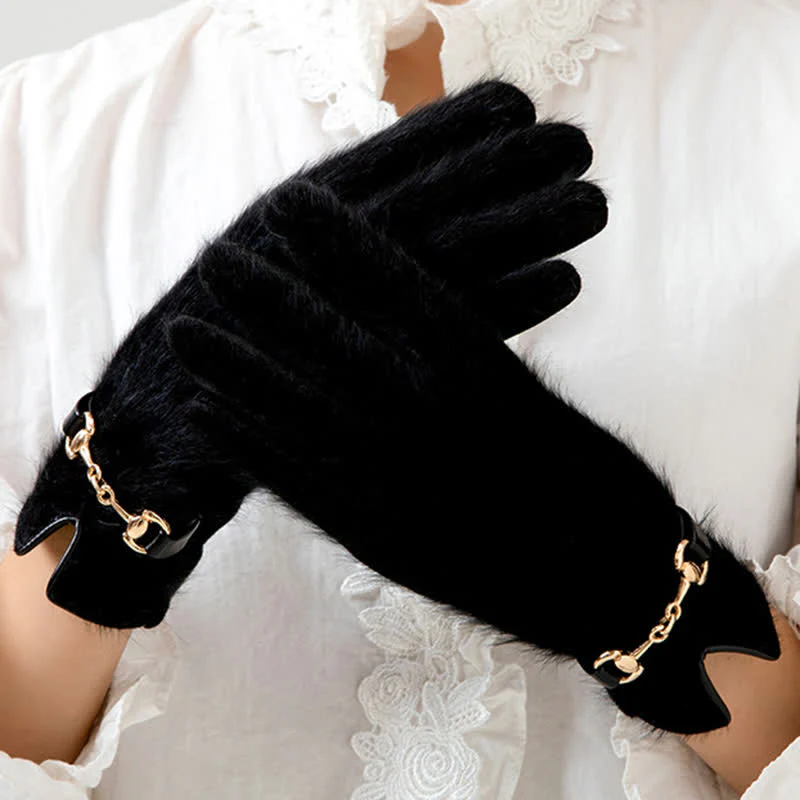 Women's Artificial Rabbit Fur Suede Patchwork Leather Gloves - Image 7