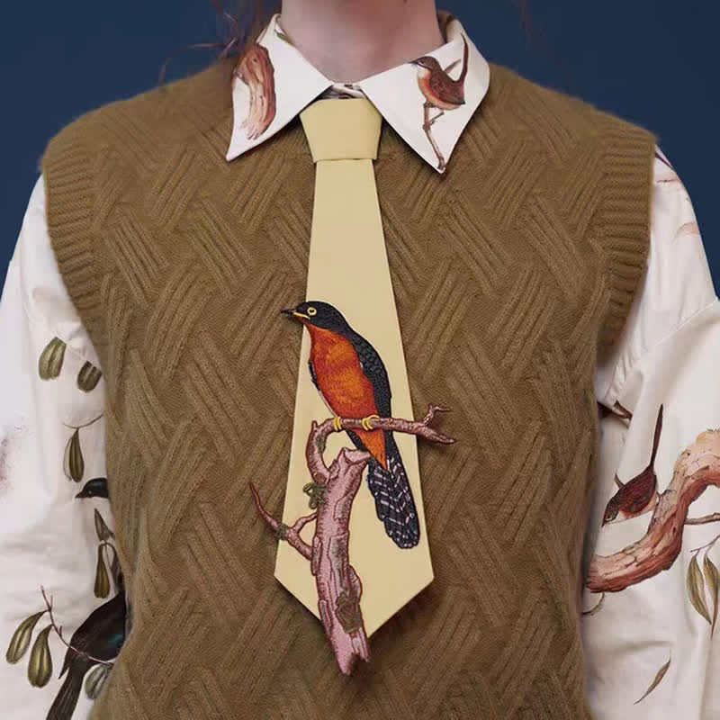 Women's Bird On A Branch Embroidered Zipper Necktie - Image 2