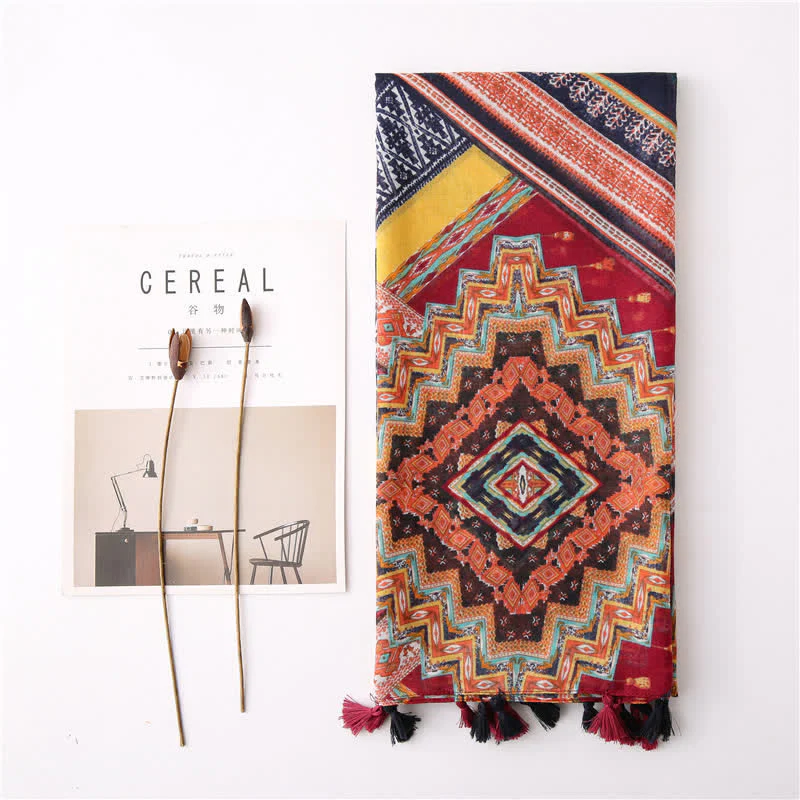 Women's Bohemian Print Floral Tassel Scarf - Image 11