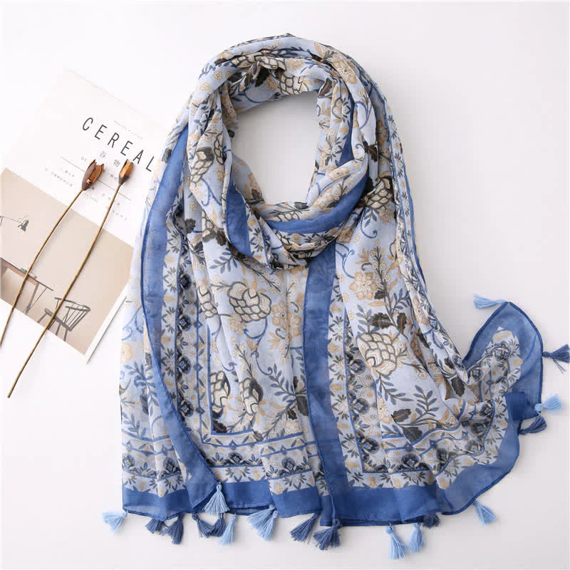 Women's Bohemian Print Floral Tassel Scarf - Image 14
