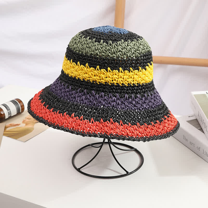 Women's Boho Style Colorful Rainbow Foldable Straw Hat - Image 10