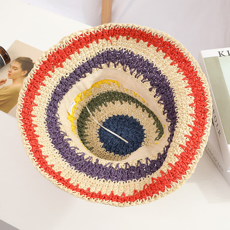 Women's Boho Style Colorful Rainbow Foldable Straw Hat - Image 8