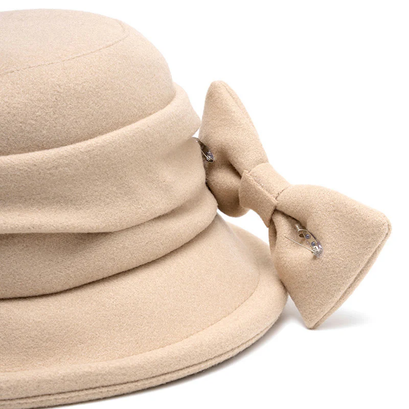 Women's Bowknot Decor Soft Felt Bucket Hat - Image 6
