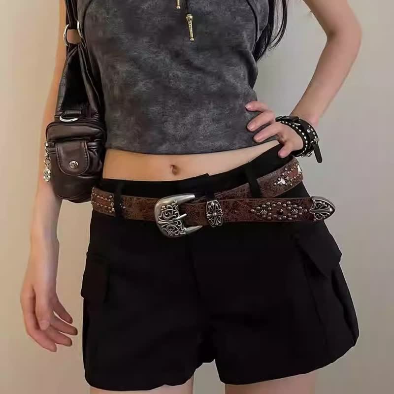 Women's Brown Arrow Shape Rivets Studded Leather Belt - Image 4