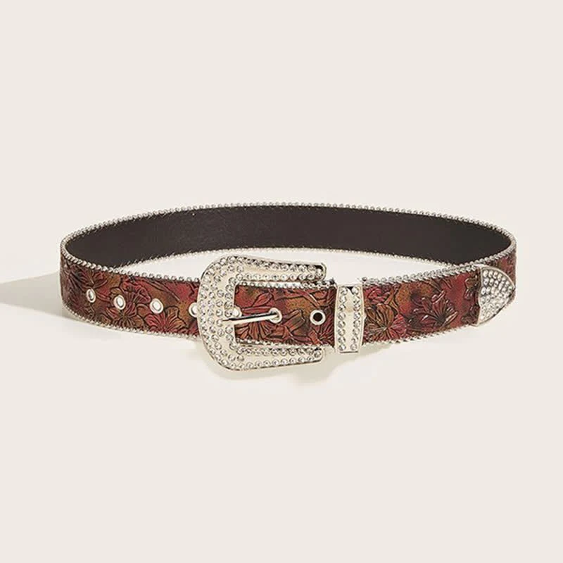 Women's Brown Floral Embossed Rhinestone Leather Belt - Image 3