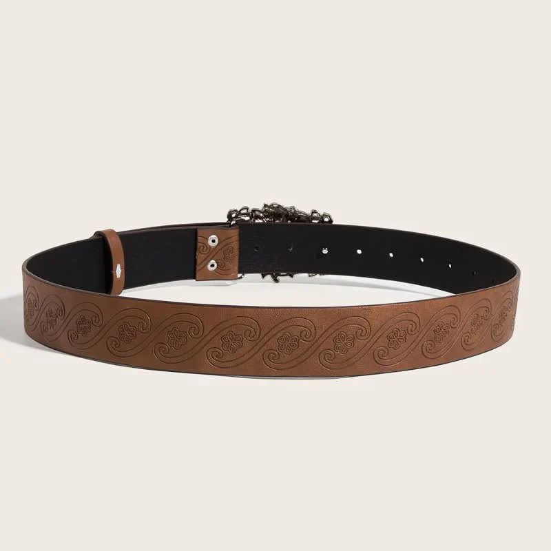 Women's Camel Tone Floral Buckle Leather Belt - Image 4