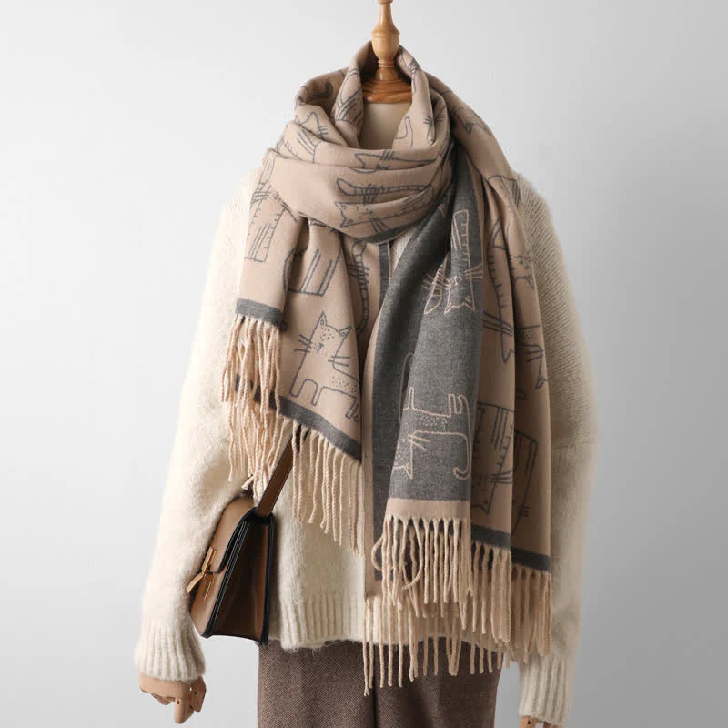 Women's Cat Print Double-Sided Shawl Scarf - Image 23