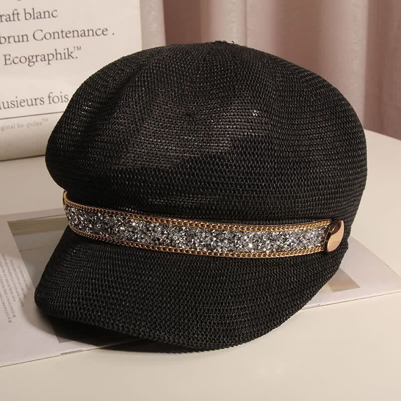 Women's Chic Gold Chain Silver Rhinestone Straw Beret Hat - Image 3