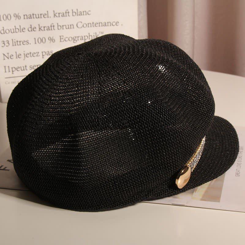 Women's Chic Gold Chain Silver Rhinestone Straw Beret Hat - Image 6