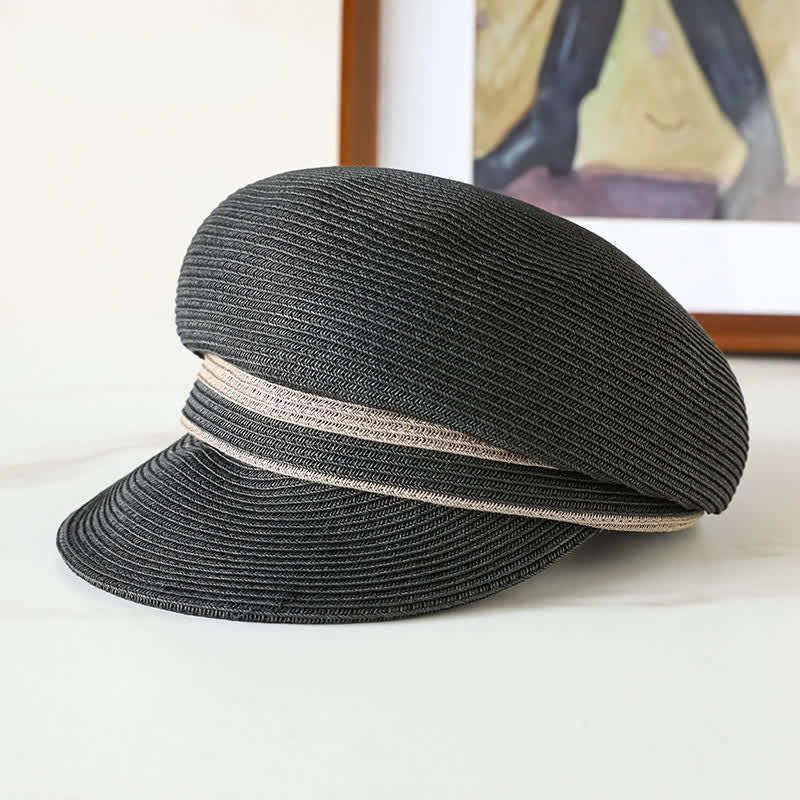 Women's Classic Striped Woven Visor Beach Straw Newsboy Hat - Image 7