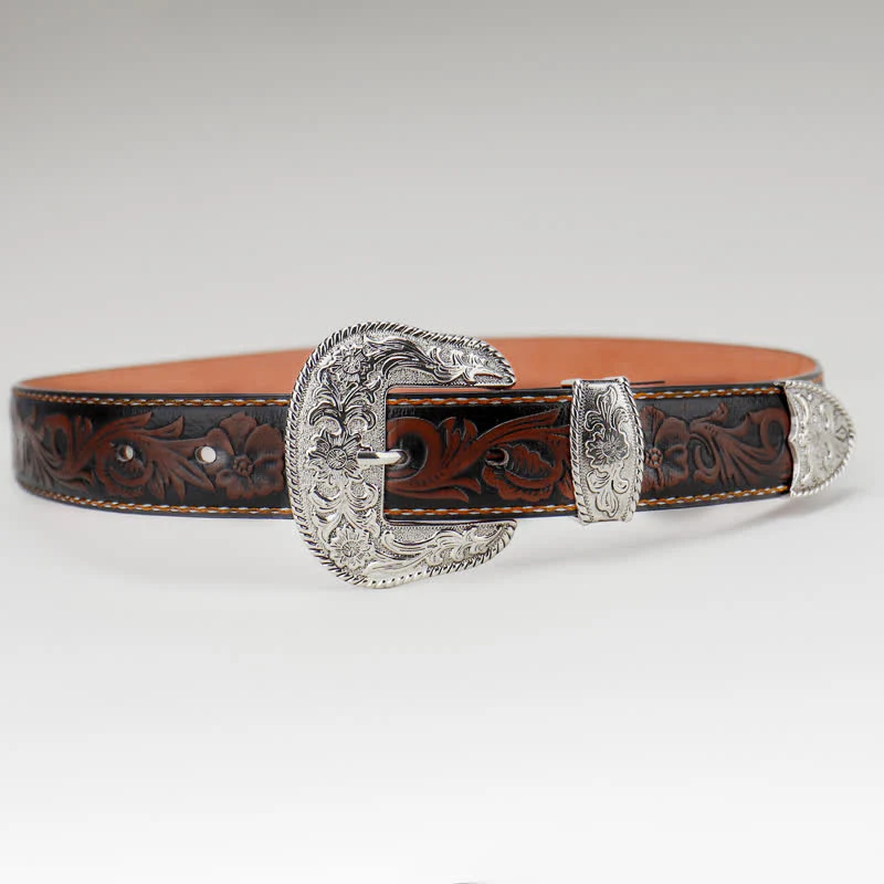 Women's Coffee Vintage Flower Engraved Leather Belt - Image 2