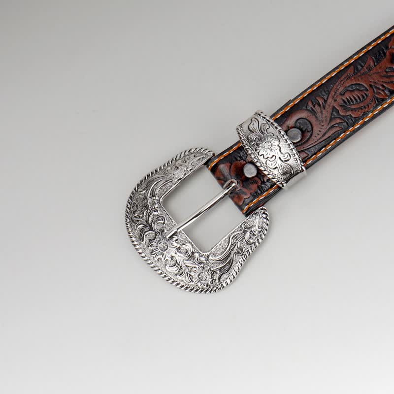 Women's Coffee Vintage Flower Engraved Leather Belt - Image 5
