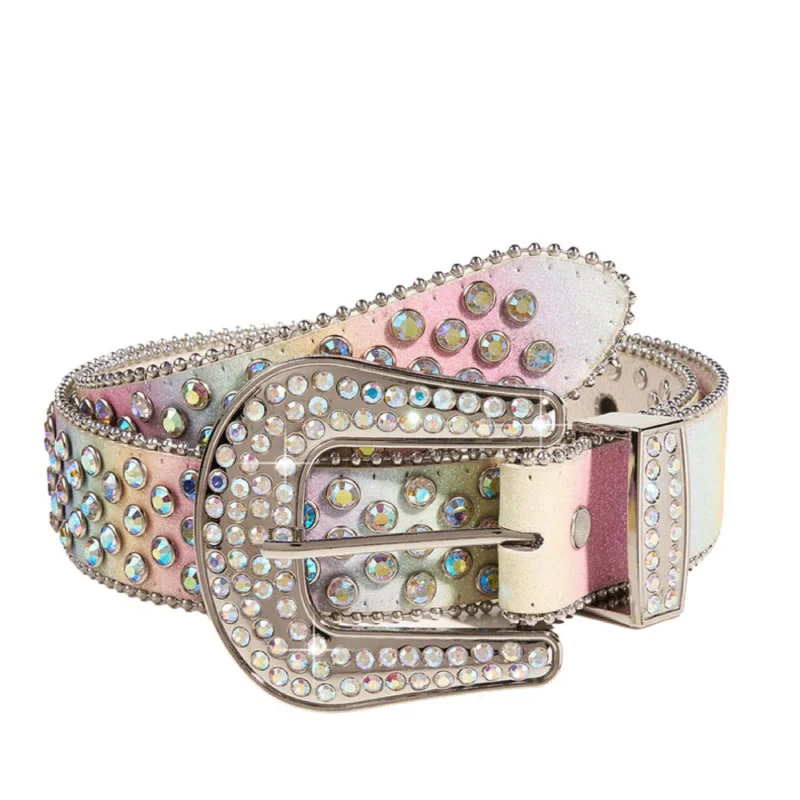 Women's Colorful Rainbow Rhinestone Leather Belt - Image 6