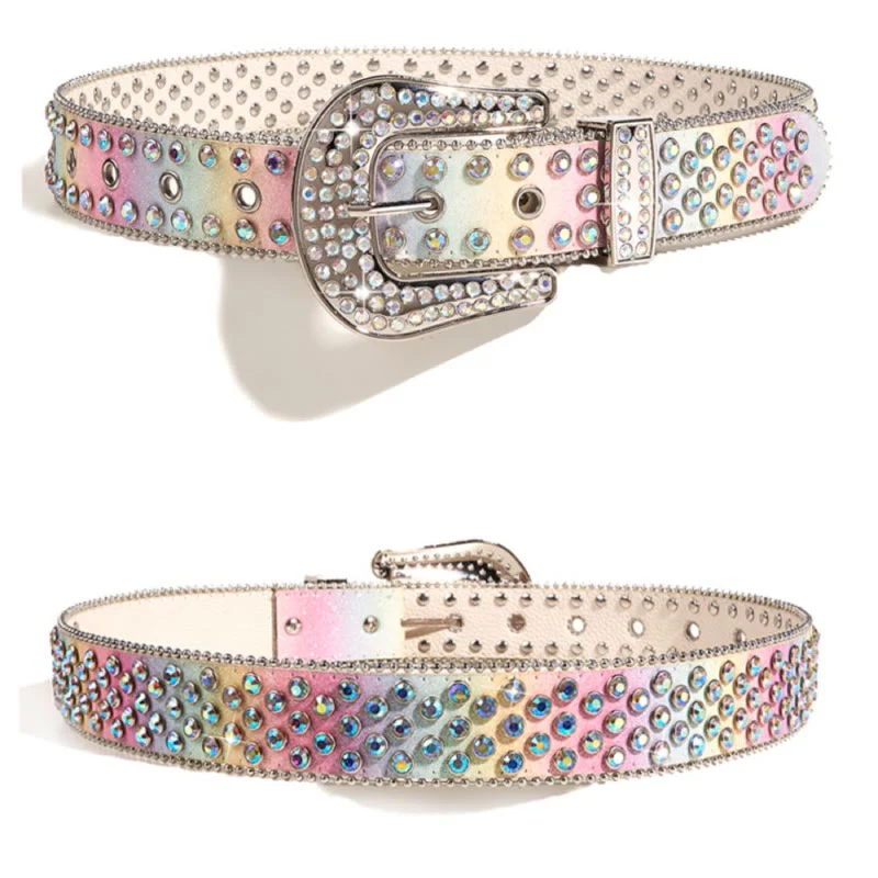 Women's Colorful Rainbow Rhinestone Leather Belt - Image 8