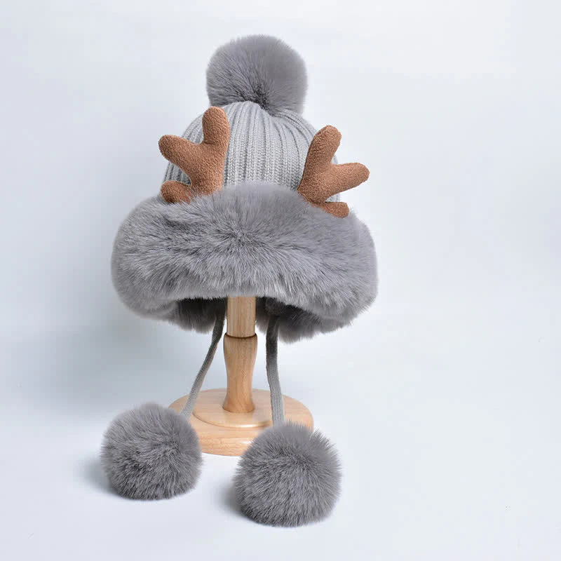 Women's Cute Deer Horn Pompom Knitted Hat - Image 2