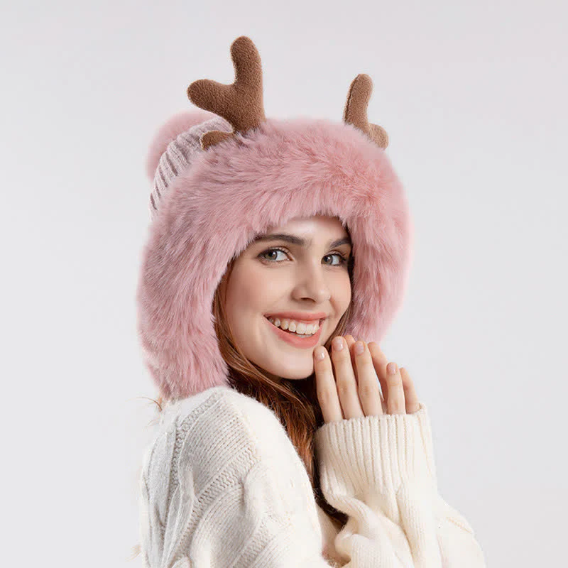 Women's Cute Deer Horn Pompom Knitted Hat - Image 4