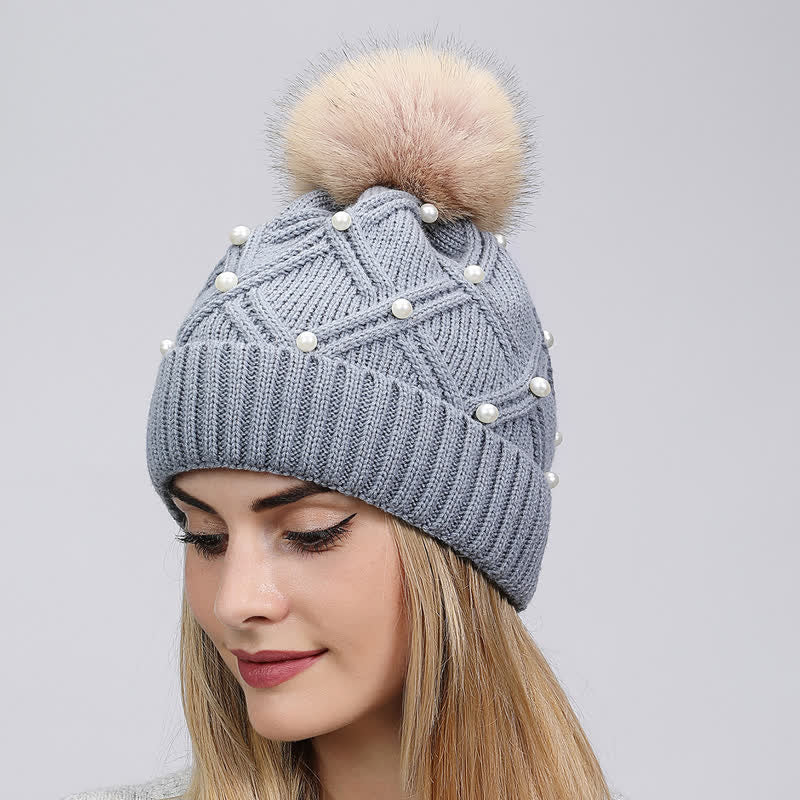Women's Cute Pearls Deor Pompoms Stretchy Knitted Hat - Image 5