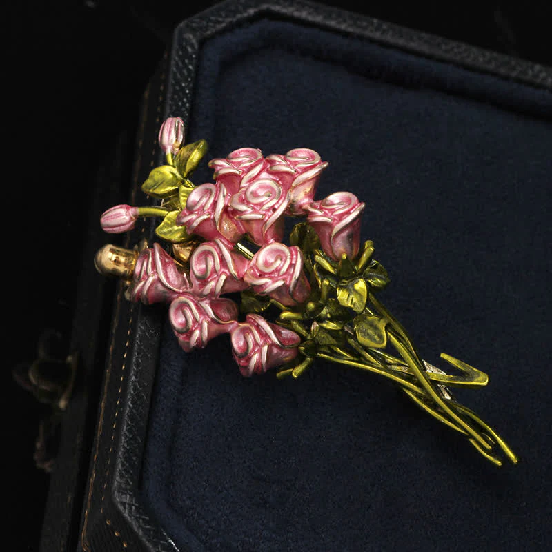 Women's Cute Pink & Green Rose Bouquet Brooch - Image 4