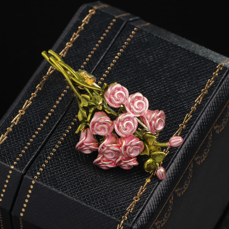 Women's Cute Pink & Green Rose Bouquet Brooch - Image 6
