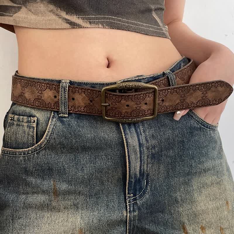 Women's Dark Brown Engraving Pattern Leather Belt - Image 5
