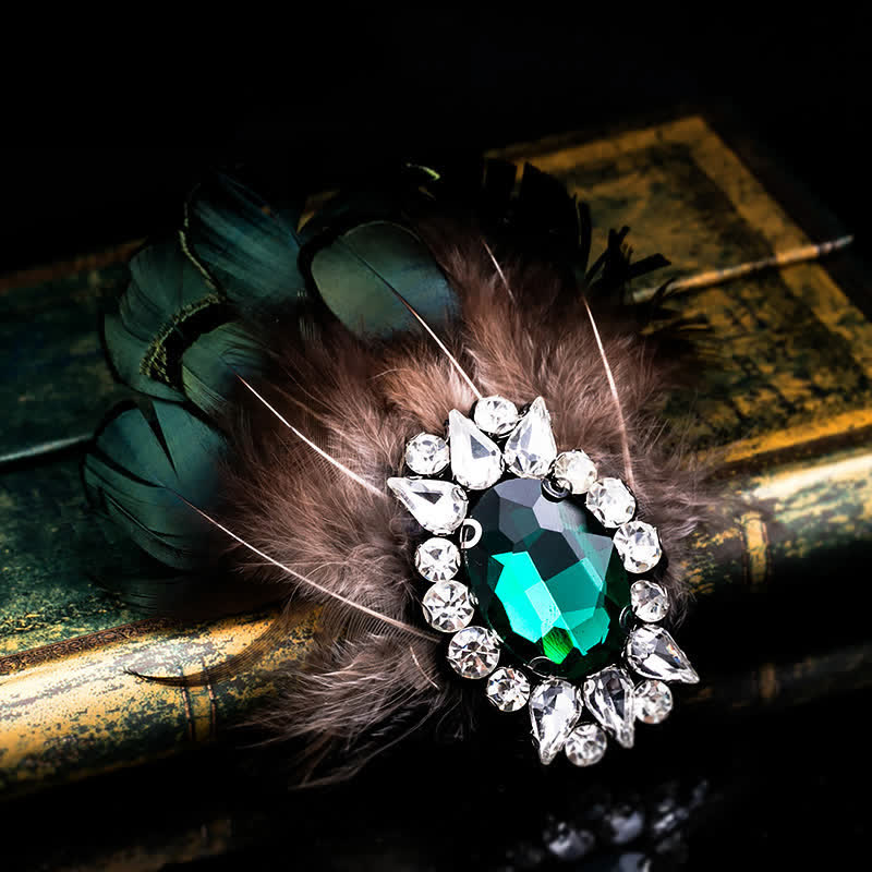 Women's Dark Green Crystal Feather Brooch - Image 2