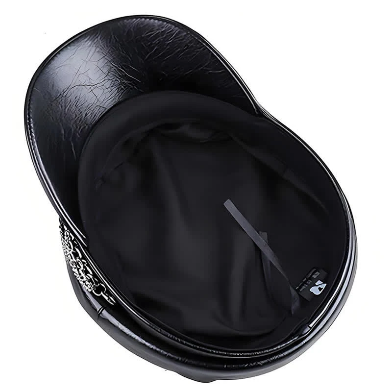 Women's Decorated Chain Flat Top Black Leather Beret Hat - Image 4